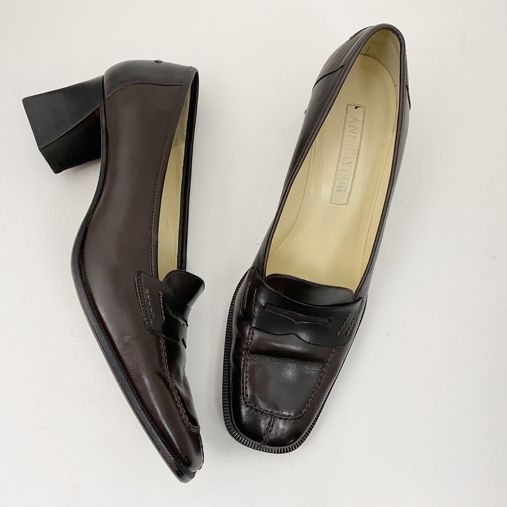 Ann Taylor Brown Leather Penny Loafers with Block Heel